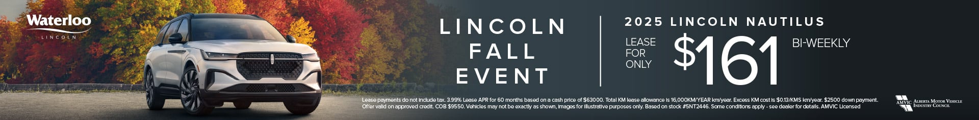 A silver 2025 Lincoln Nautilus SUV parked in front of a backdrop of vibrant fall foliage. Text on the image reads 